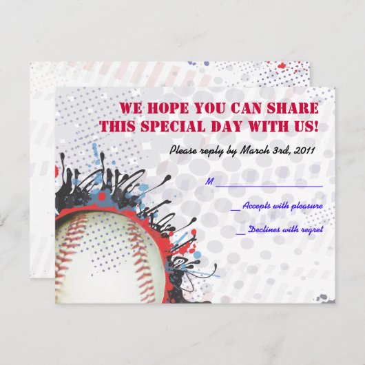 野球の（ばちゃばちゃ）跳ねるのバーの（ユダヤ教の）バル・ミツバーの応答カード 出欠カード (正面/裏面)