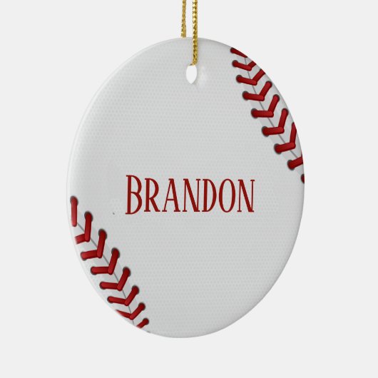 野球は基盤の球の赤く白いゲームの名前をひもで締めます セラミックオーナメント (右)