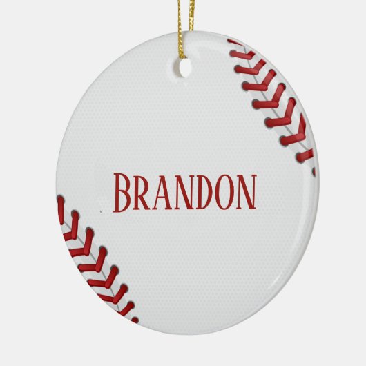 野球は基盤の球の赤く白いゲームの名前をひもで締めます セラミックオーナメント (左)