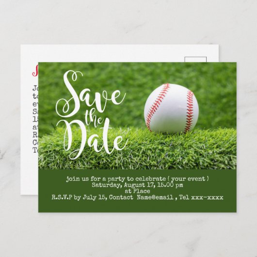 野球は緑の草の上にボールで日付を保存する ポストカード (正面/裏面)
