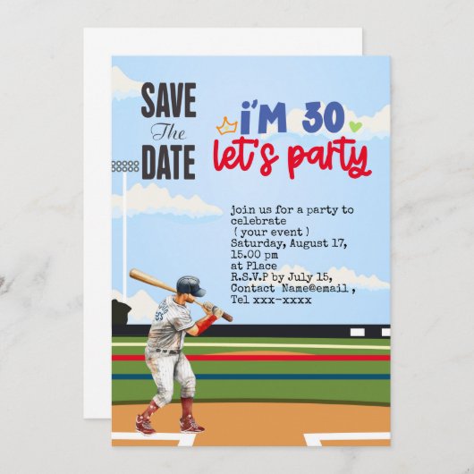 野球は30歳の誕生日パーティーを保存 招待状 (正面/裏面)