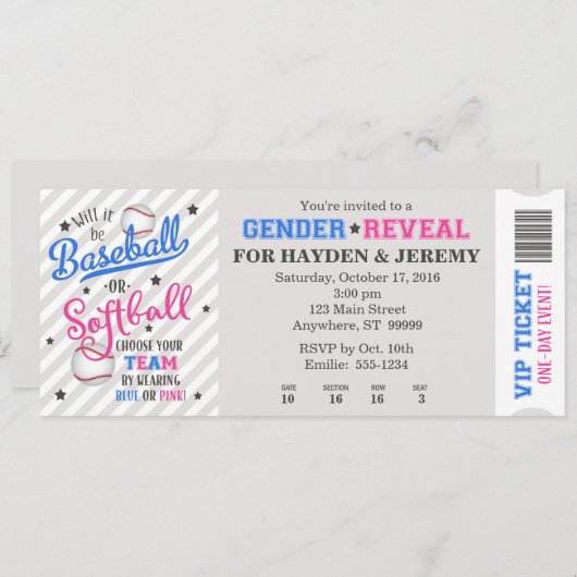 野球またはソフトボール性別リビールチケットスタイル 招待状 (正面/裏面)