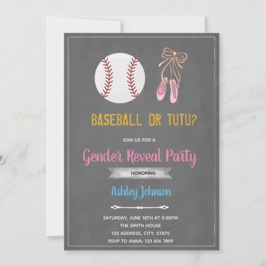 野球またはバレエ性別パーティの招待状 招待状 (正面)