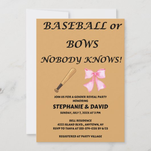 野球または弓のジェンダーがパーティーを明かす 招待状 (正面)