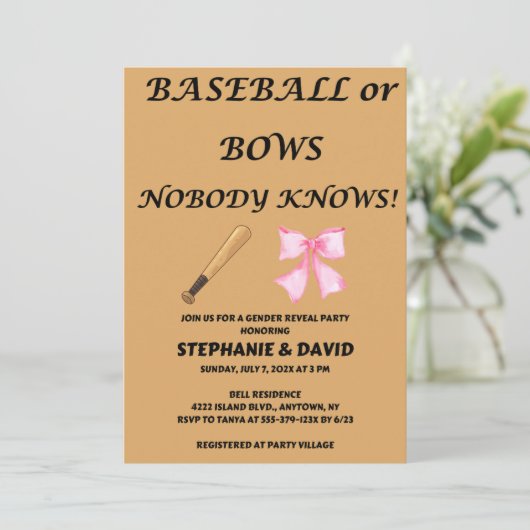 野球または弓のジェンダーがパーティーを明かす 招待状 (スタンド正面)