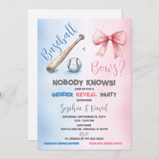 野球または弓ジェンダーの表示パーティー 招待状 (正面/裏面)