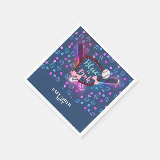 野球または弓ピンクまたは青のジェンダーの明け スタンダードカクテルナプキン (角)