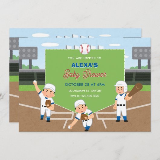 野球よくはしゃぐの赤ちゃんシャワー 招待状 (正面/裏面)