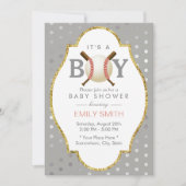 野球をテーマにしたシルバー水玉模様ボーイベビーシャワー 招待状 (正面)