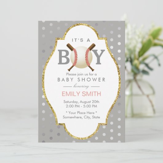 野球をテーマにしたシルバー水玉模様ボーイベビーシャワー 招待状 (スタンド正面)