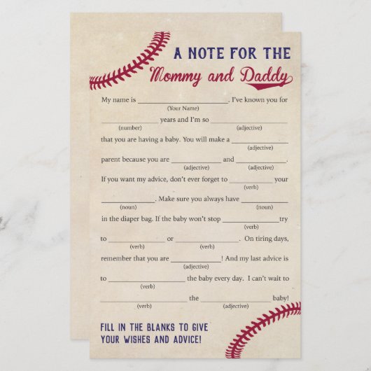 野球をテーマにしたベビーシャワーのアドバイスゲームカード (正面/裏面)