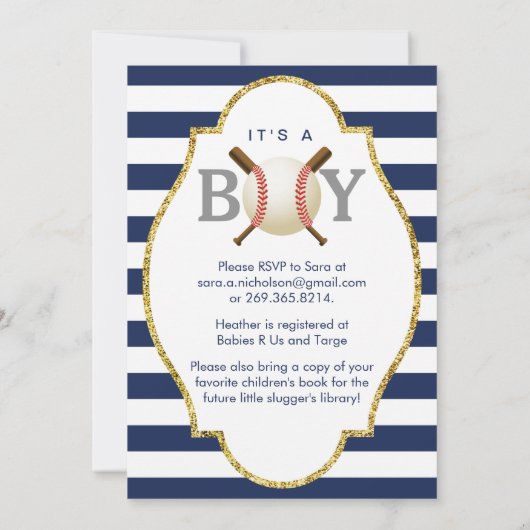 野球をテーマにしたボーイネイビーブルーストライプベビーシャワー 招待状 (裏面)