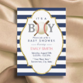 野球をテーマにしたボーイネイビーブルーストライプベビーシャワー 招待状