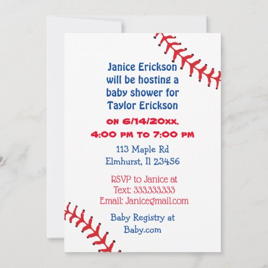 野球をテーマにした少年の赤ちゃんシャワー 招待状 (裏面)