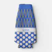 野球をテーマにした模様名前をカスタムするブルー ボトルクーラー (正面)