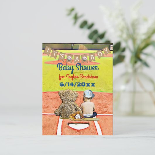 野球をテーマにした男の子のベビーシャワー招待状 ポストカード (スタンド正面)