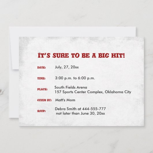 野球をテーマにした誕生日パーティーの招待状 招待状 (裏面)