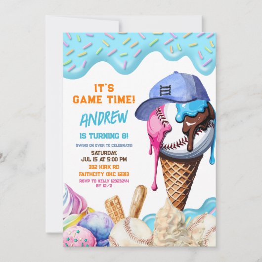 野球アイスクリームドリップバースデーパーティー 招待状 (正面)