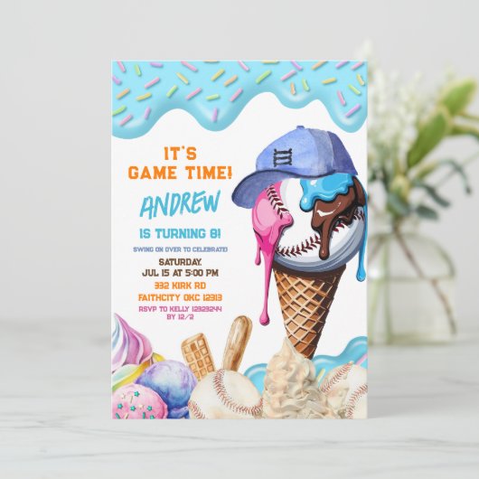 野球アイスクリームドリップバースデーパーティー 招待状 (スタンド正面)