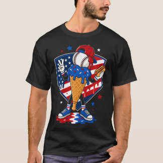 野球アイスクリームドリップ少年アメリカ国旗 Tシャツ
