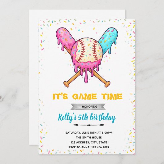 野球アイスクリームドリップ誕生日招待状 招待状 (正面/裏面)