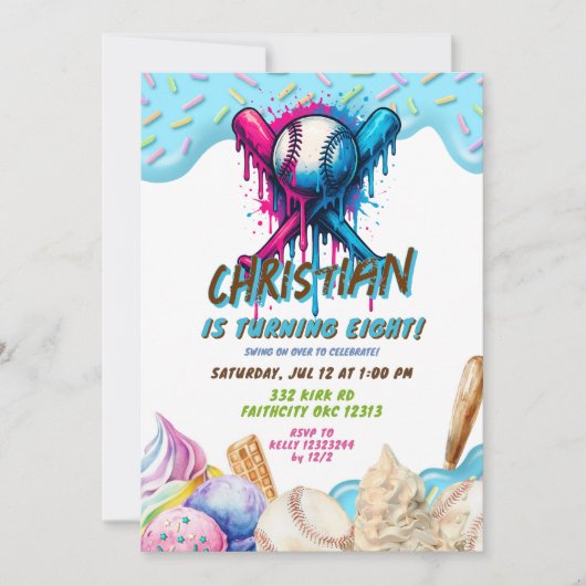 野球アイスクリームドリップ10代の若者バースデーパーティー 招待状 (正面)
