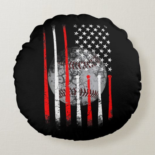 野球アメリカ国旗のヴィンテージ ラウンドクッション (正面)