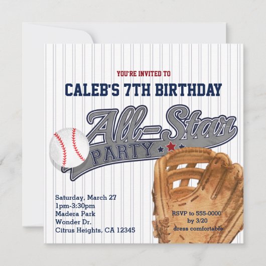 野球オールスタースポーツストライプ 誕生日パーティー 招待状 (正面)