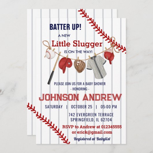 野球カスタムの赤ちゃんシャワーを打者に 招待状 (正面/裏面)