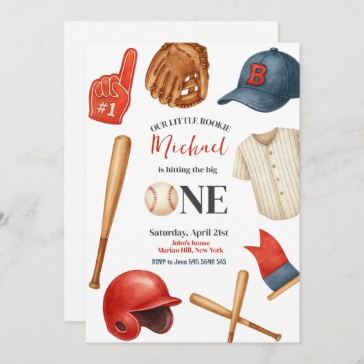 野球キッズファースト・バースデーパーティーへの招待 招待状 (正面/裏面)