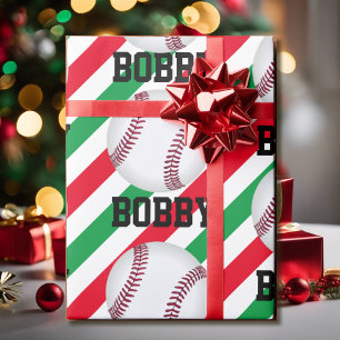 野球クリスマスアドストライプネーム赤n緑 ラッピングペーパー