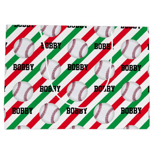 野球クリスマスアドストライプネーム赤n緑 ラージペーパーバッグ (裏面)