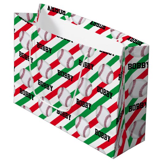 野球クリスマスアドストライプネーム赤n緑 ラージペーパーバッグ (正面アングル)