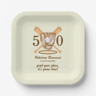 野球グローブとバットのテーマ 50歳の誕生日お祝い メンズ ペーパープレート
