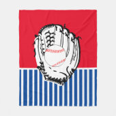 野球グローブブルー&レッドストライプの フリースブランケット (正面)