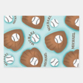 野球グローブボール&ボーイナスパターンスポーツテーマ ラッピングペーパーシート (正面3)