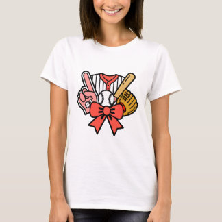 野球グローブ バット ボール 赤いリボン スポーツファン カートゥーン Tシャツ