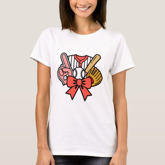 野球グローブ バット ボール 赤いリボン スポーツファン カートゥーン Tシャツ (正面)