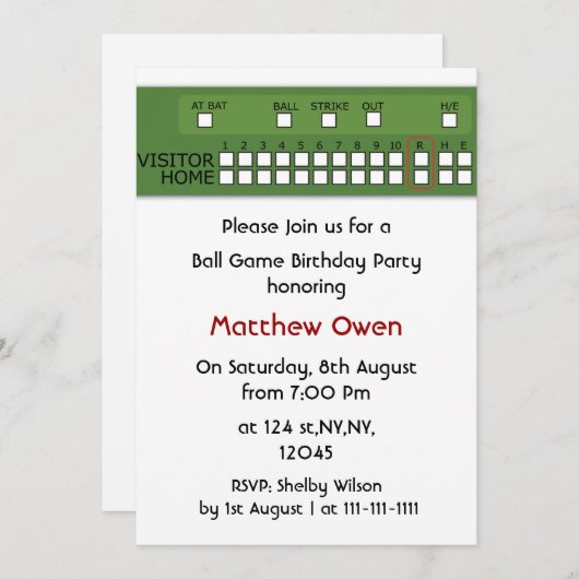 野球ゲームのスコアボード誕生日パーティーの招待状 招待状 (正面/裏面)