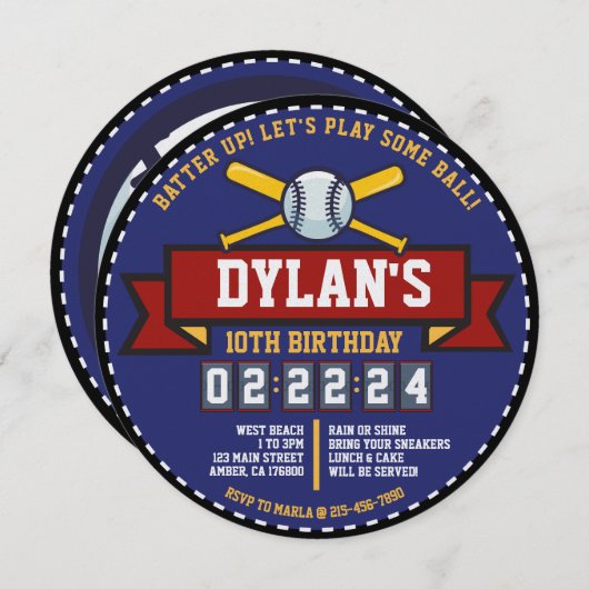 野球ゲームスポーツ子供の誕生日パーティーラウンド 招待状 (正面/裏面)