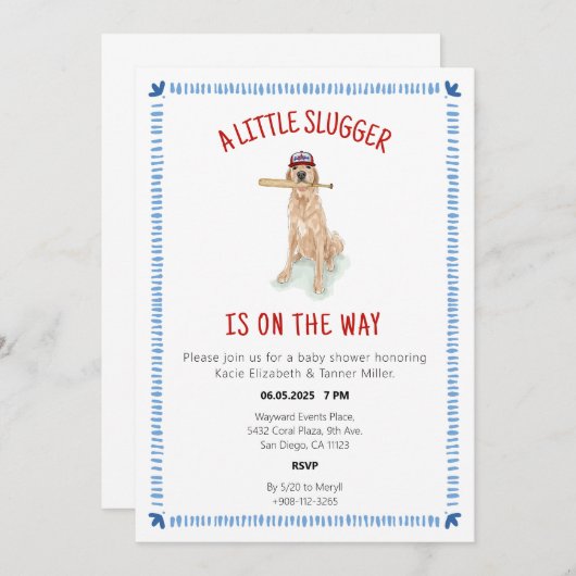 野球ゴールデンレトリバー水彩赤ちゃんシャワー 招待状 (正面/裏面)