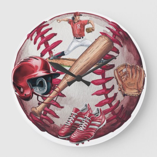 野球シーズンのメンズベーシックTシャツ ラージ壁時計 (正面)
