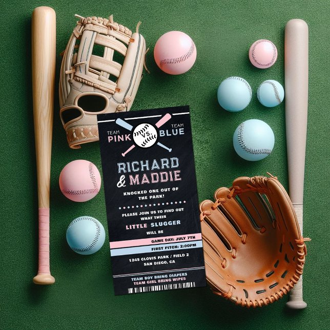 野球ジェンダーのリビール招待状、青またはピンク (baseball ticket pink and blue gender reveal invitation)