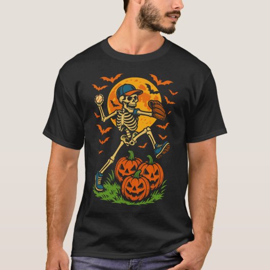 野球スケルトンハロウィンメンズボーイズ野球 Tシャツ (正面)