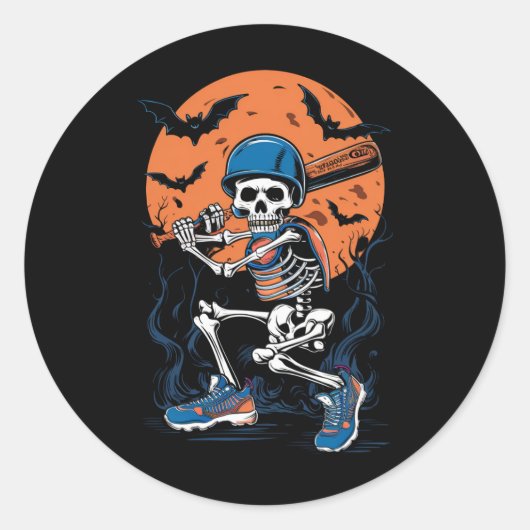 野球スケルトンハロウィン野球ハロウィン ラウンドシール (正面)