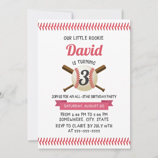 野球スティッチングスポーツテーマ誕生日パーティー 招待状 (正面)