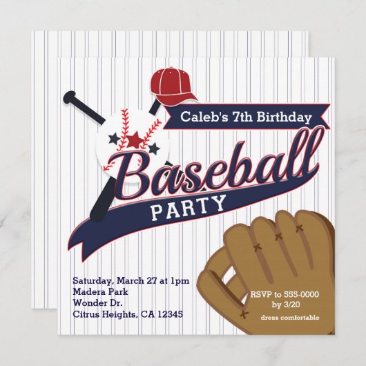 野球スポーツピンストライプの誕生日パーティー 招待状 (正面/裏面)