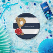 野球スポーツブルー&ホワイトストライプのカスタムパーティー ペーパープレート (パーティー)