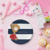 野球スポーツブルー&ホワイトストライプのカスタムパーティー ペーパープレート (パーティー)