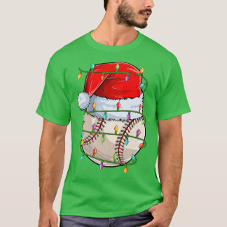 野球スポーツ好きのクリスマスライト サンタ 野球C Tシャツ